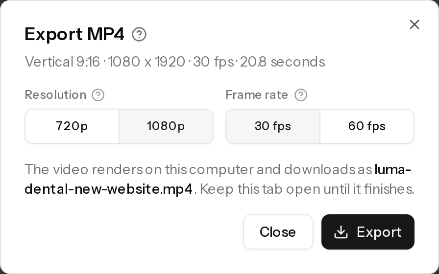 The Export MP4 window with resolution and frame rate
