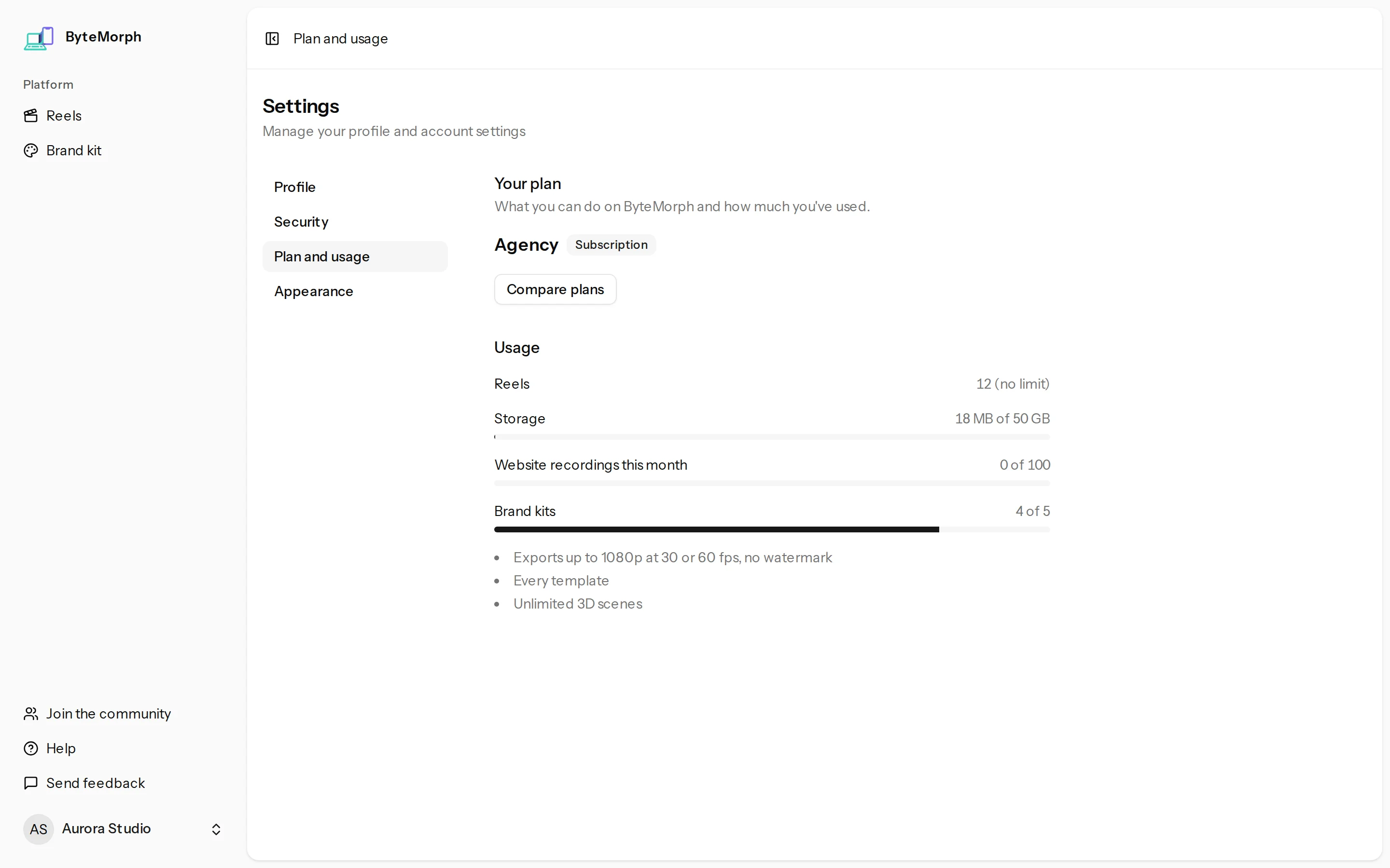 The Plan and usage page in Settings
