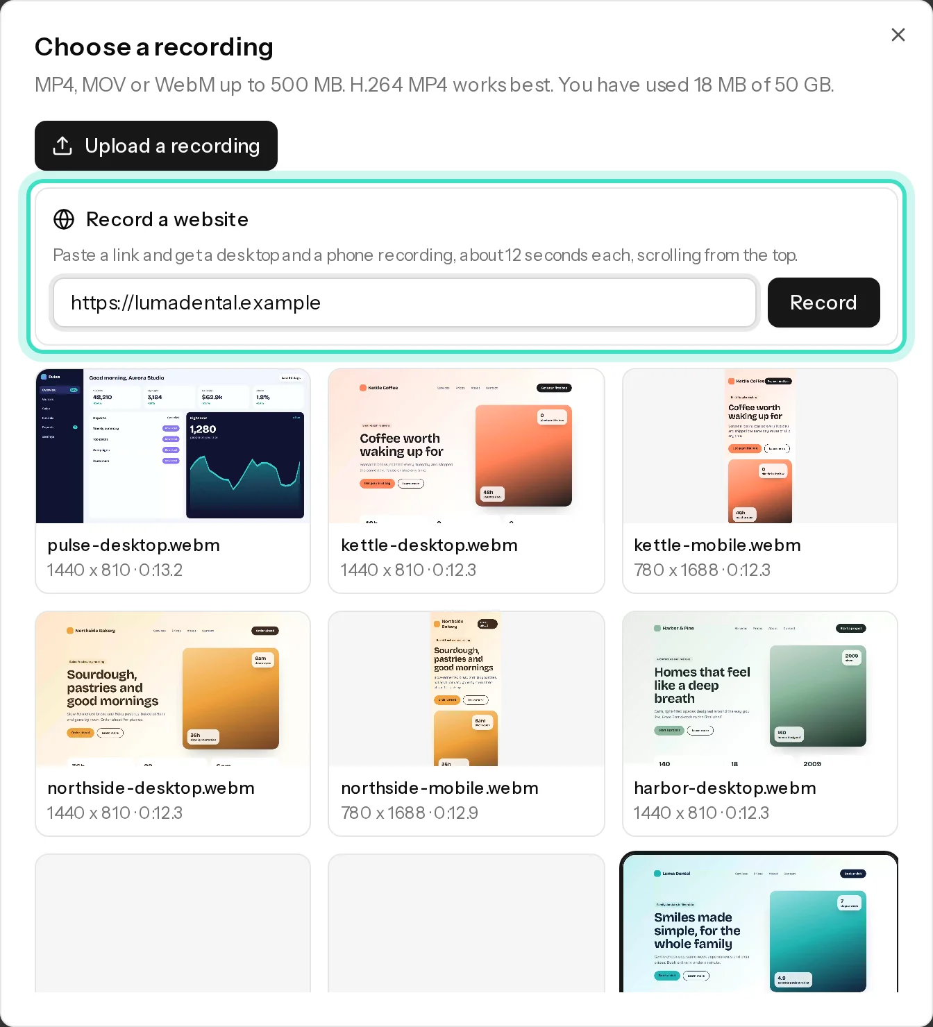 The Choose a recording window with Upload a recording and Record a website
