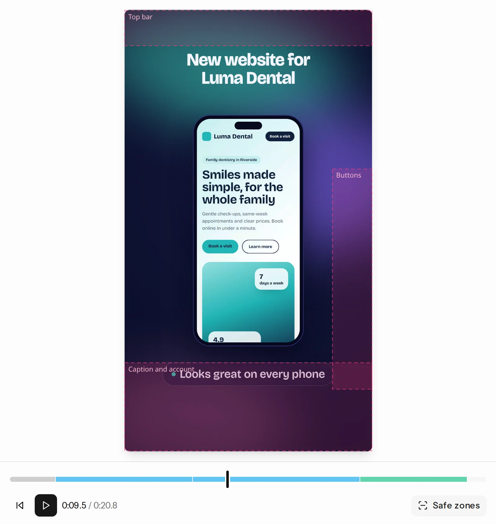 The preview with safe zones showing where the platform buttons sit